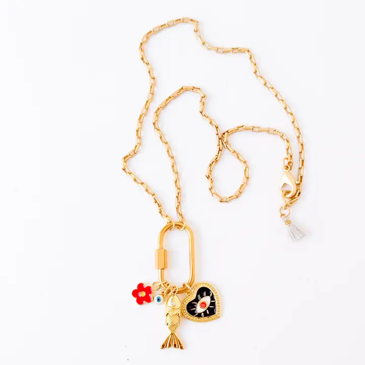 Small Gold Carabiner Charm Necklace with Black Heart a Fish Charm
