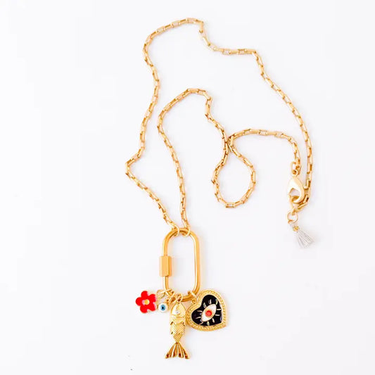 Small Gold Carabiner Charm Necklace with Black Heart a Fish Charm