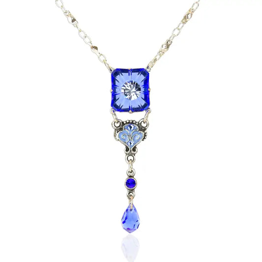 Blue Starburst Glass Stone and Crystal Tear Drop Necklace