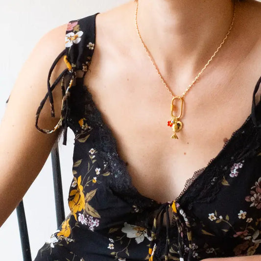 Small Gold Carabiner Charm Necklace with Black Heart a Fish Charm