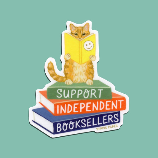 Support Independent Booksellers Cat On Stack of Books Sticker