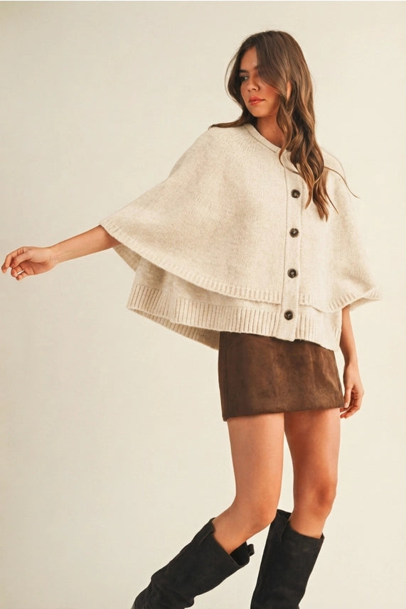 Button Front Tiered Knit Capelet