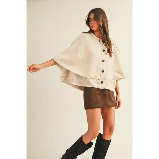 Button Front Tiered Knit Capelet