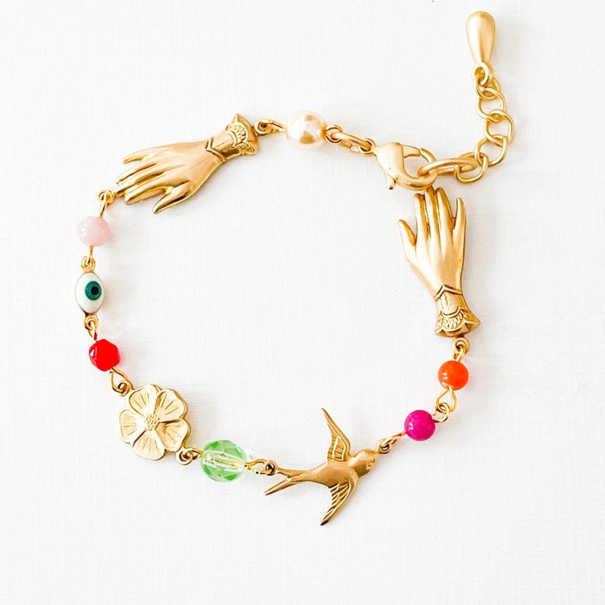 Adjustable Evil Eye Charm Bracelet with Pearl and Beads