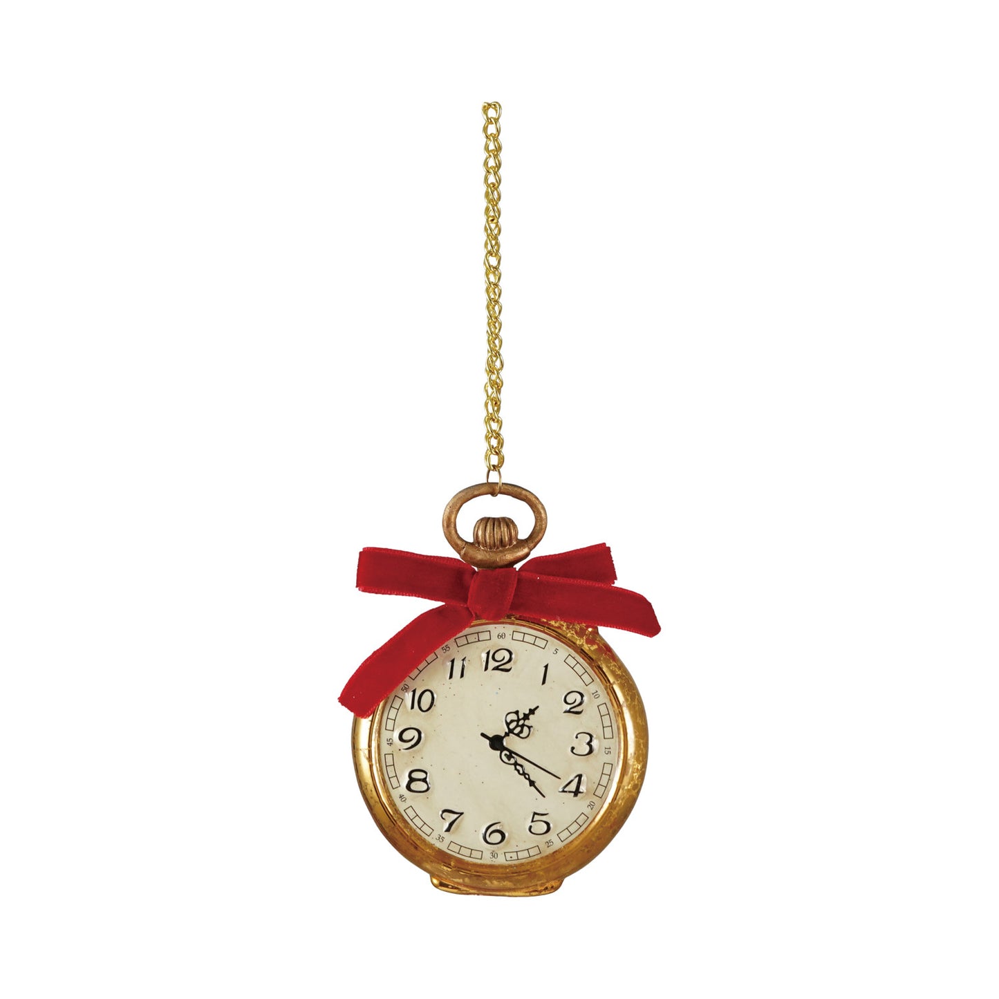 Mercury Glass Pocket Watch Ornament on Chain with Red Velvet Bow, Gold Finish, White & Black