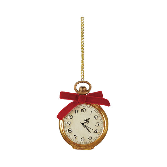 Mercury Glass Pocket Watch Ornament on Chain with Red Velvet Bow, Gold Finish, White & Black